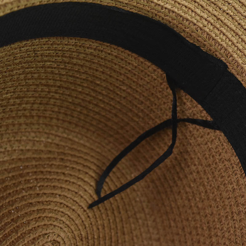 Wholesale Trendy Wide Brim Straw Hat With Gold Chain Decoration Flat Top Khaki Sun Hat For Summer Casual Wear