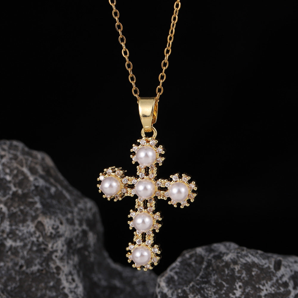 Wholesale Stylish Cross Pendant Necklace For Women Gold Plated Copper With Zircon Fashion Accessory Gift