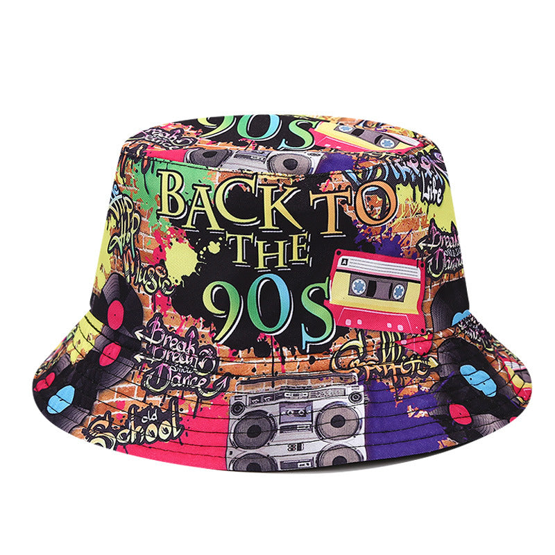 Wholesale  retro printed 80s 90s fisherman hat  double-sided basin hat outdoor bucket hat