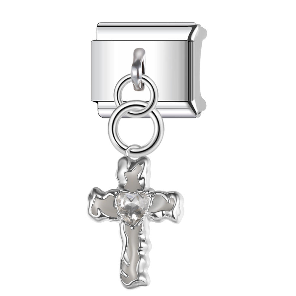 Wholesale Italian Charm Bracelet 9mm DIY Splicing Cross with Diamond Heart Stainless Steel Composable Bracelet