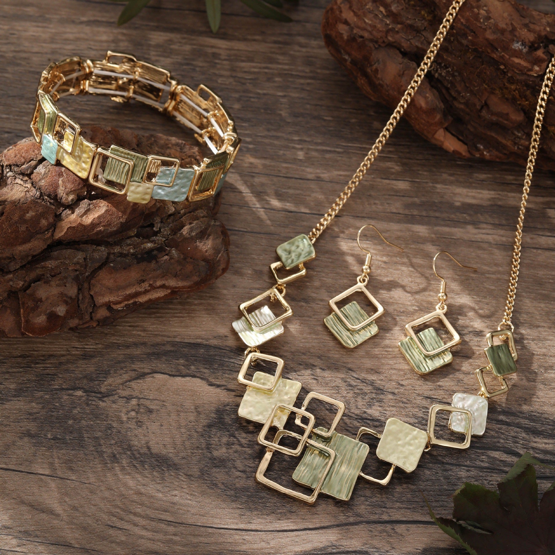 Wholesale  Colorful Oil Painting Geometric Square Earrings Bracelet Necklace Suit