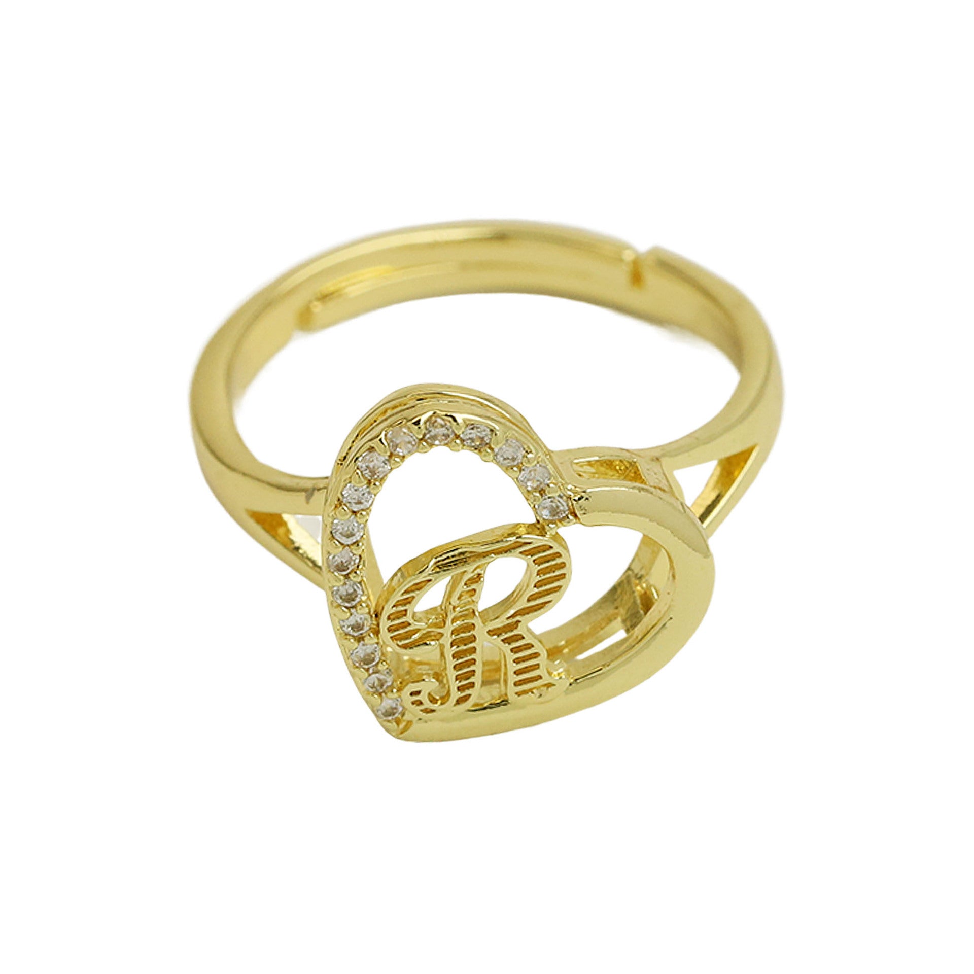 Wholesale  white gold heart-shaped love texture hollow 26 grass English letters open heart ring