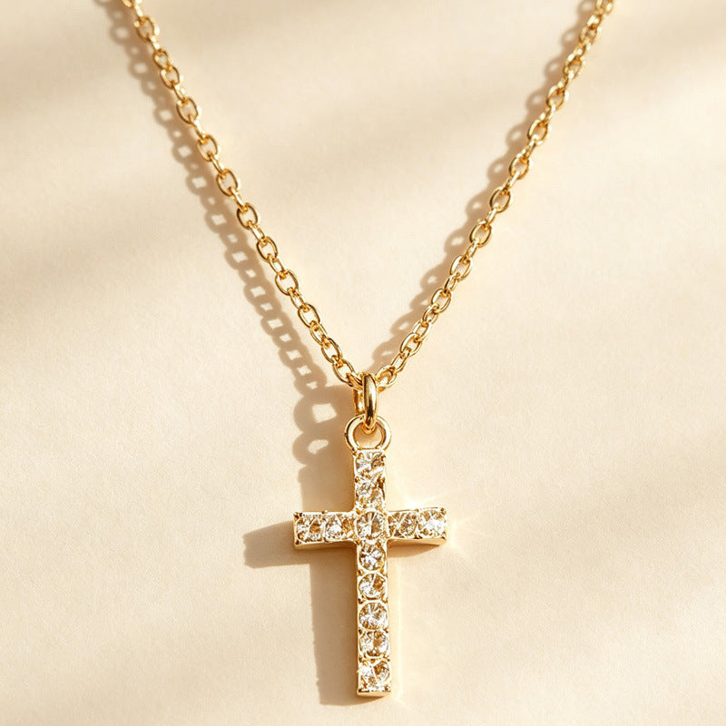 Wholesale Punk Style Cross-Border European and American Diamond-Encrusted Cross Sweater Necklace for Women,  Light Luxury Sweatshirt Chain,  Simple and Versatile Clavicle Chain