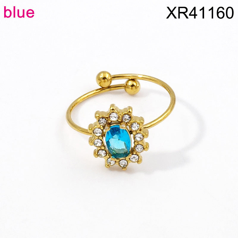 Wholesale Adjustable Flower Design Stainless Steel Open Ring with Colored Gemstones Fashion Jewelry Accessory
