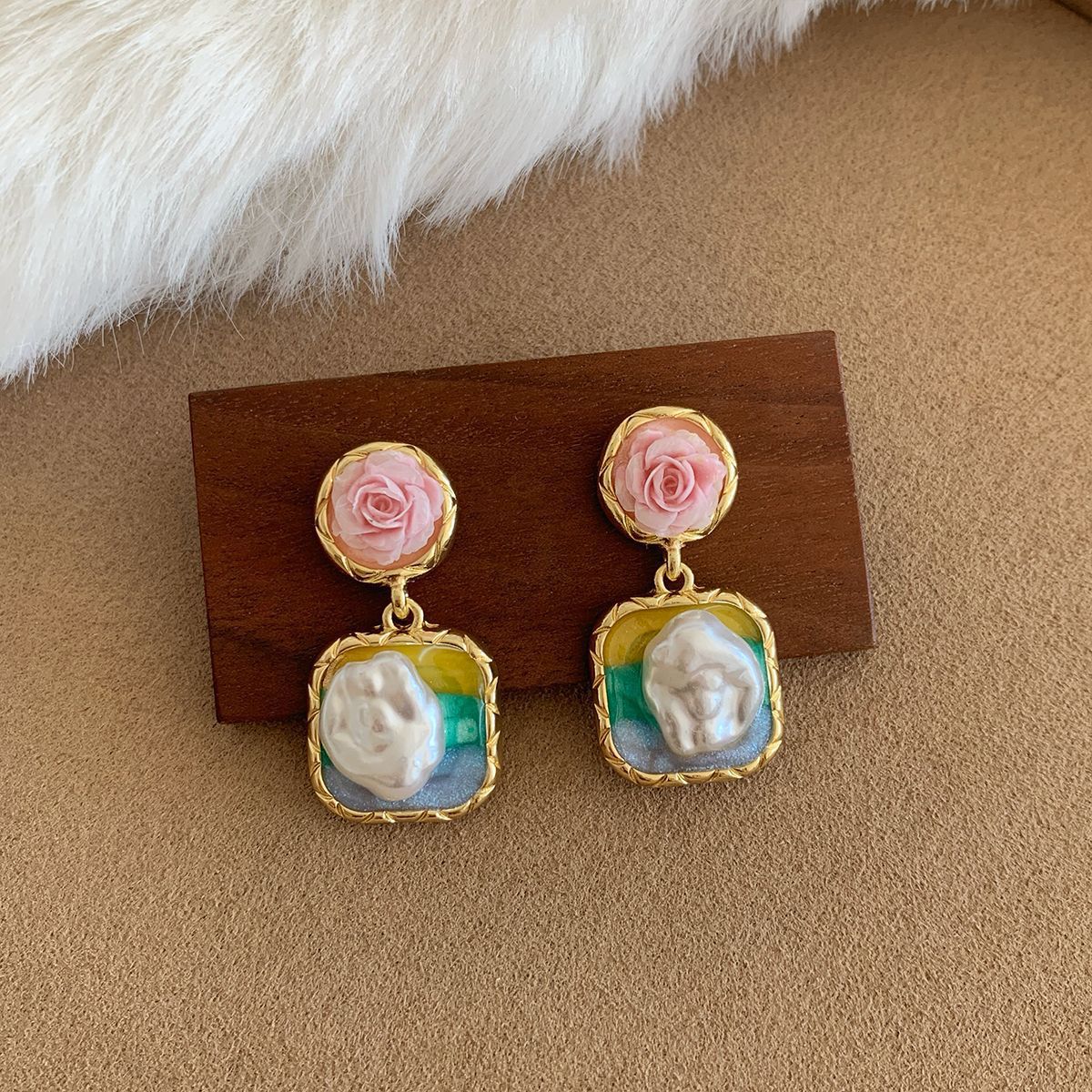 Wholesale oil painting pearl Monet garden earrings silver needle exquisite  design sense of medieval earrings