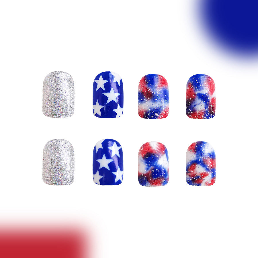 Wholesale 24 Pieces/box American Independence Day Glitter Powder Five-pointed Star Manicure Press-on Nails Kits Nail Stickers ACC-NS-GuaiXL019