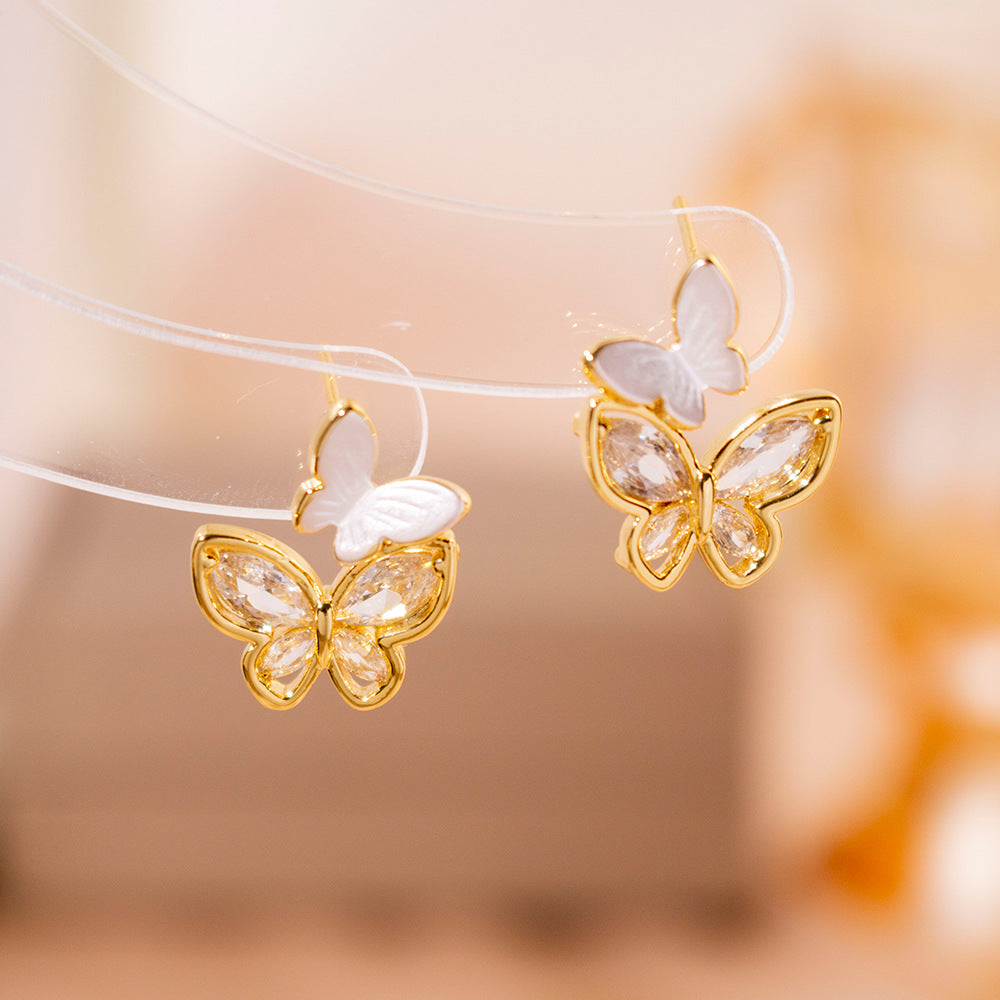 Wholesale Silver Needle High-grade Zircon Butterfly Pearl Earrings