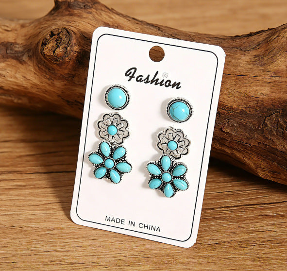 Wholesale Bohemian Turquoise Round Flower Earring Stud Set Alloy Fashion Accessory