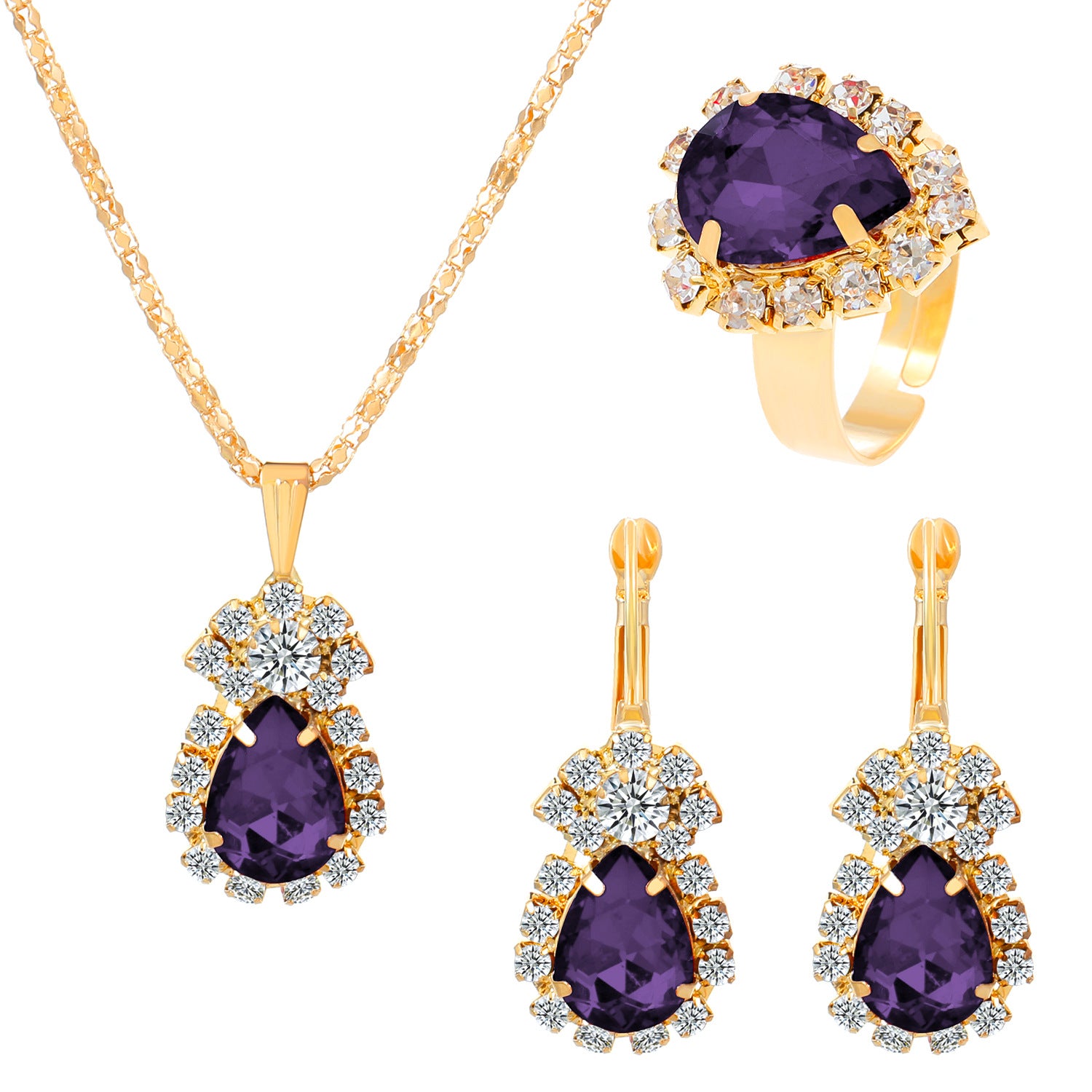 Wholesale Colorful rhinestone necklace earrings and ring set