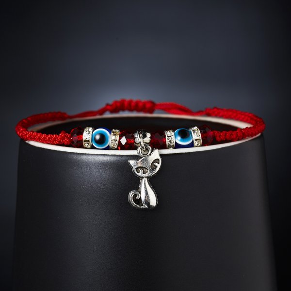 Bracciale regolabile intrecciato con corda rossa, occhio blu, gufo, tartaruga, farfalla, palma, occhio blu, all'ingrosso