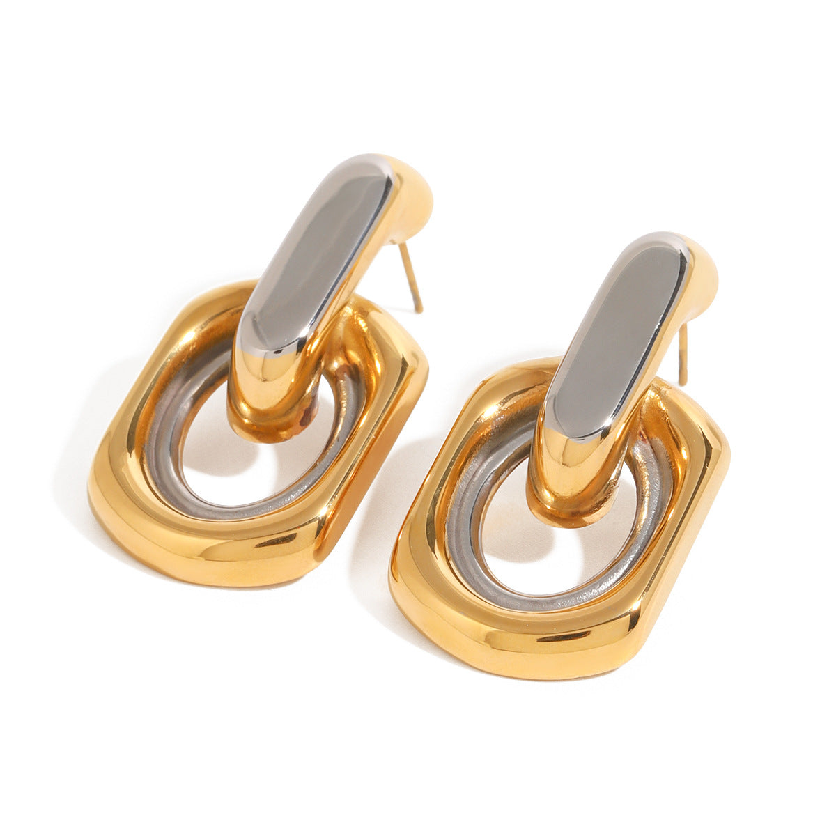 Wholesale 18k gold stainless steel  gold and silver color matching double trapezoidal earrings