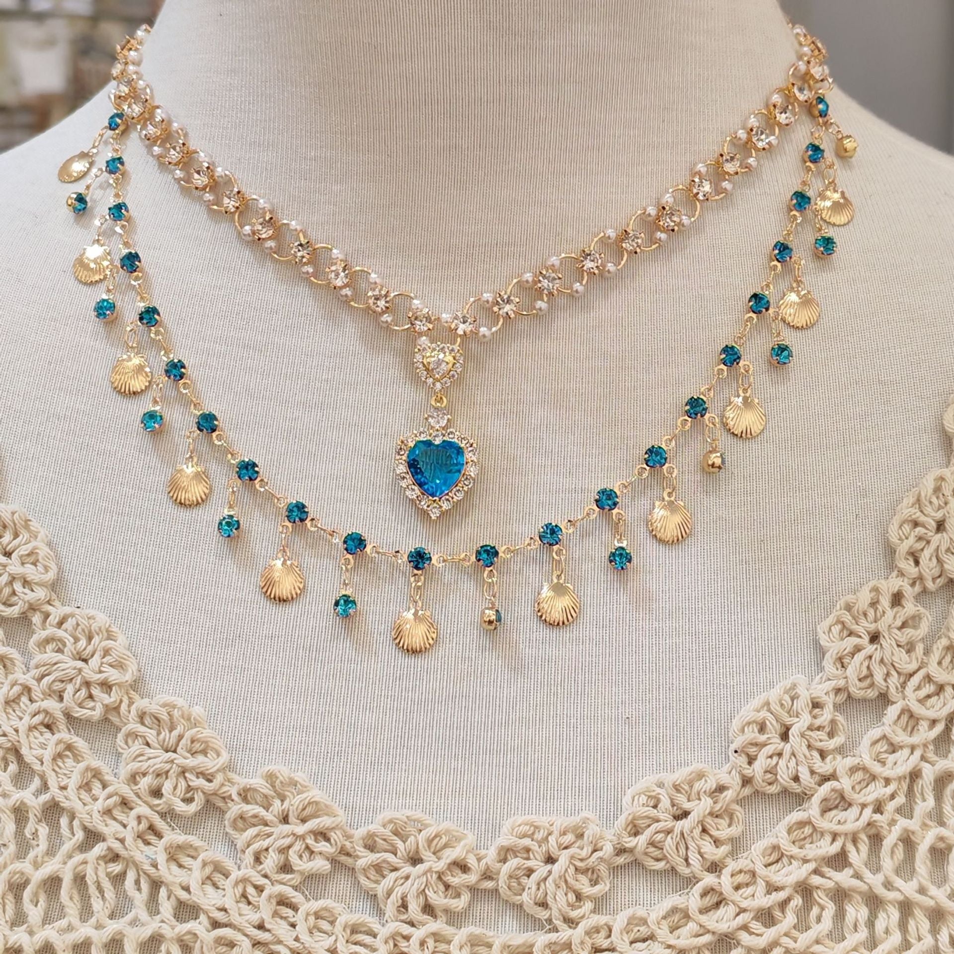 Wholesale Blue Love Shell Double Layer Gold Necklace Heart Necklace ACC-NE-JunJie002