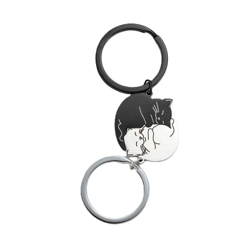 Wholesale  black and white cat titanium steel  keychain