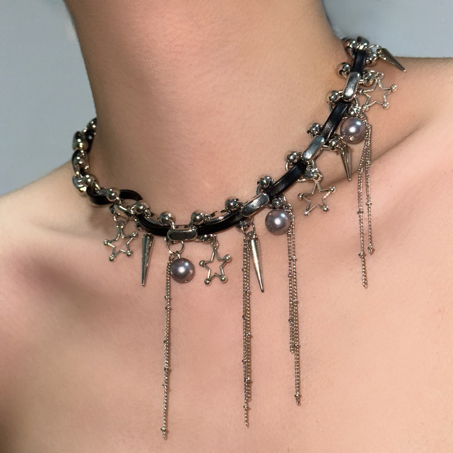 Wholesale Tassel Rivet Beaded Stitching Collar Necklaces