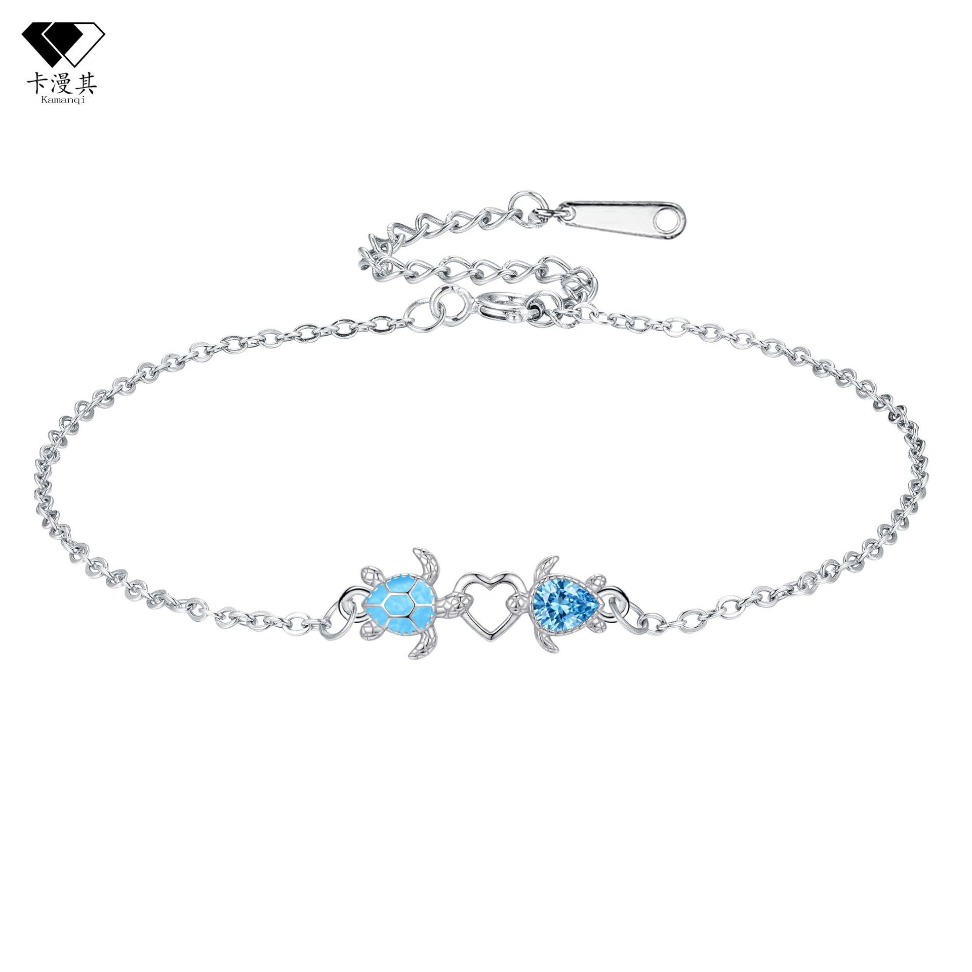 Wholesale Ocean Style Double Turtle Heart Bracelet Blue Zirconia Silver Adjustable Fashion Accessory