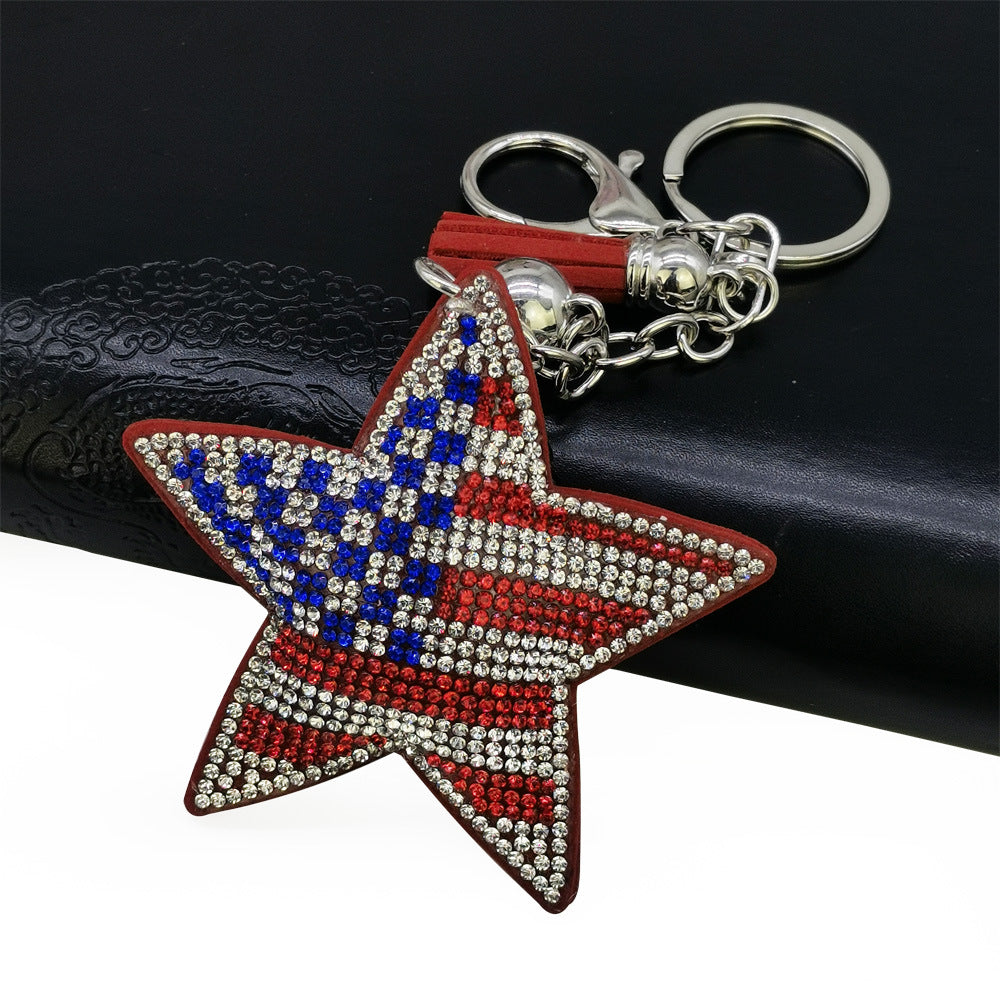 Wholesale Creative  Velvet Leather Diamond-encrusted American Flag Five-pointed Keychain