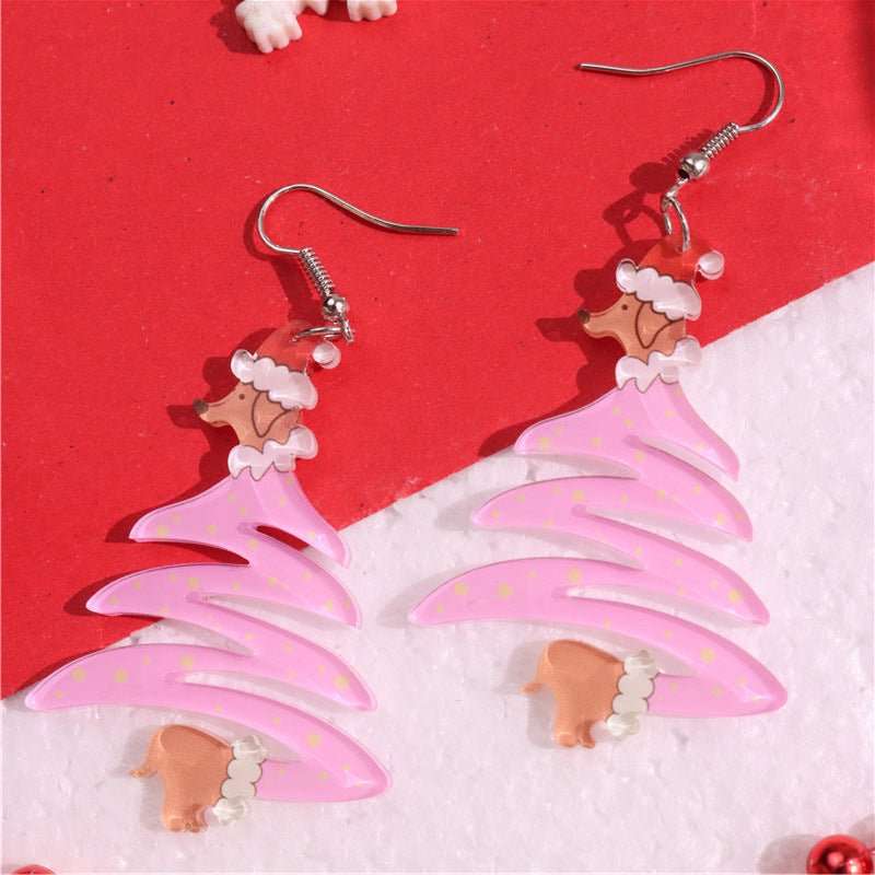 Wholesale Acrylic spotted dachshund dog Christmas tree earrings