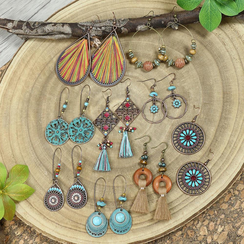 Wholesale Alloy Ethnic Vintage Tassel Drop Earrings - Trendy Everyday Jewelry Accessory