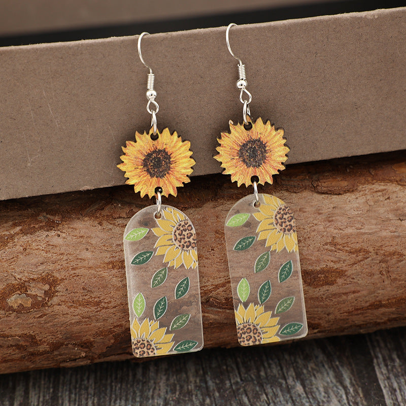 Wholesale Retro Style Geometric Acrylic Printed Flower Splicing Wooden Sunflower Earrings
