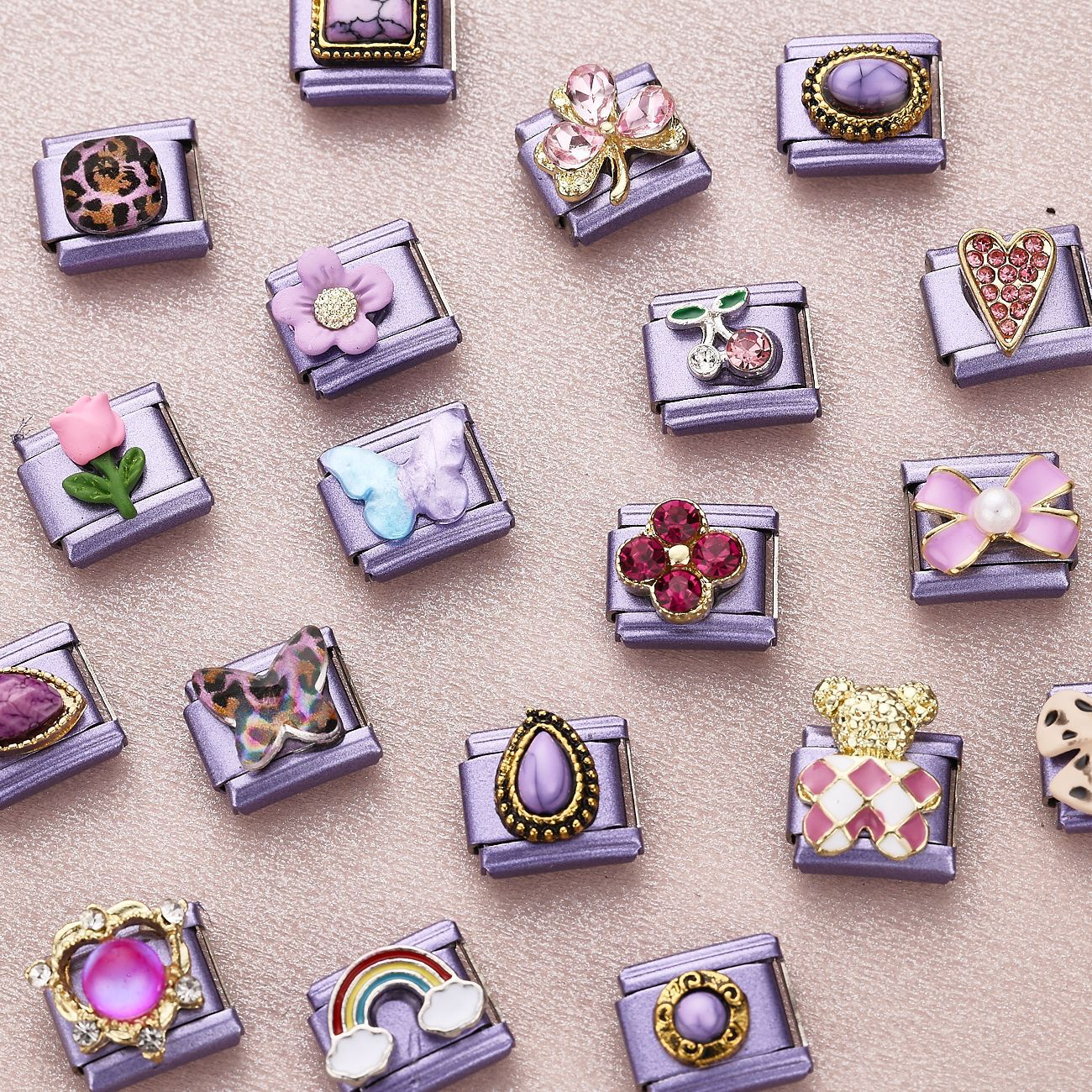 Wholesale 10pcsElegant Fashion Light Purple Italian Module Bow Flower Design DIY Stainless Steel Bracelet Accessories