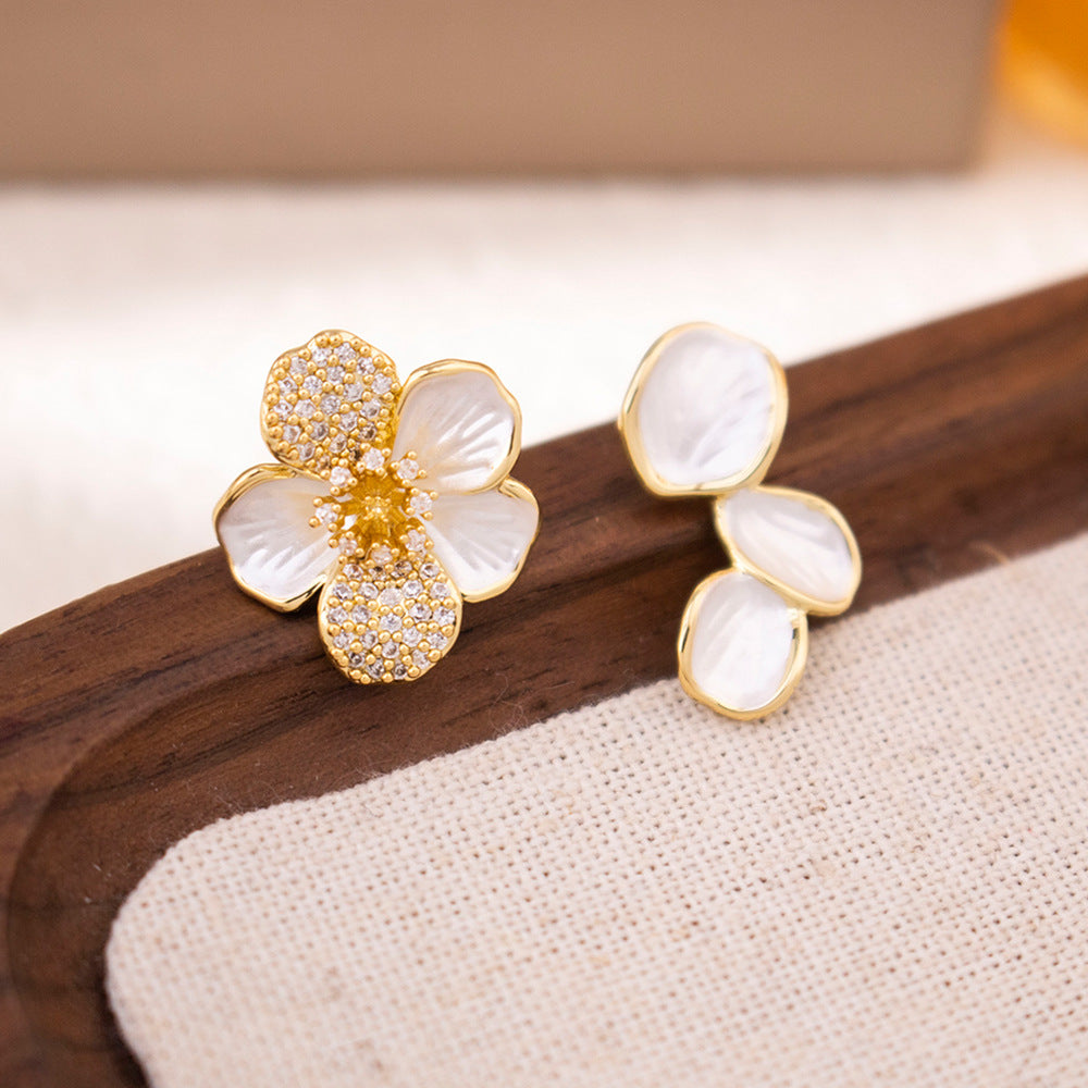 Wholesale Zircon Camellia Earrings Light Luxury Asymmetrical Earrings