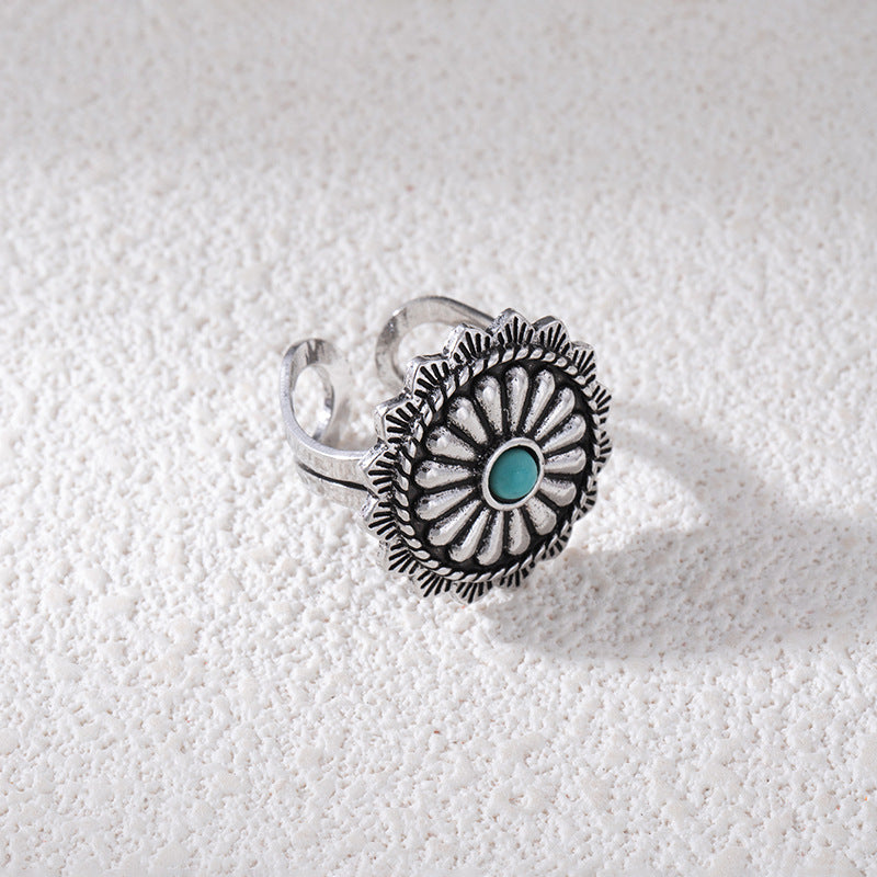Wholesale Vintage Bohemian Turquoise Flower Ring,  Alloy Electroplated Pinky Ring,  Trendy Fashion Accessory for Resale