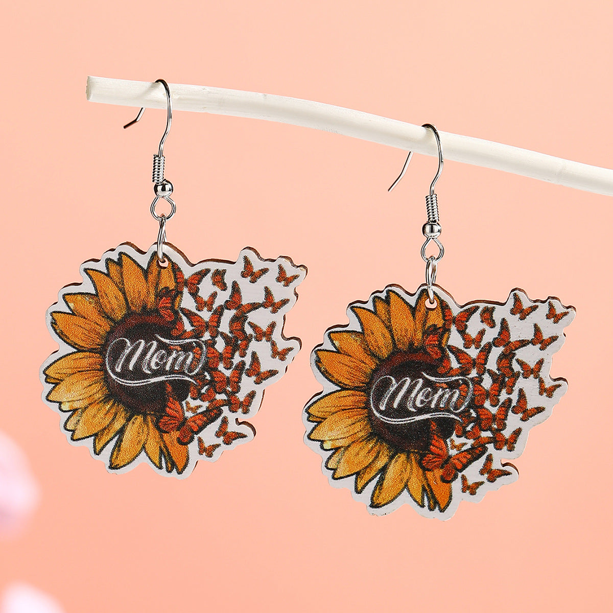 Wholesale  Mother's Day mom Wood Earrings Sunflower Butterfly Printed Earrings Colorful Flower Earrings