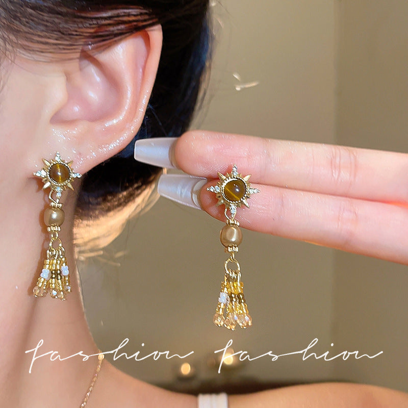 Wholesale Retro Caramel Tiger Eye Stone Pearl Tassel Earrings Eight Pointed Star Drop Earrings For Women Party Jewelry Accessory For Boutique Resale