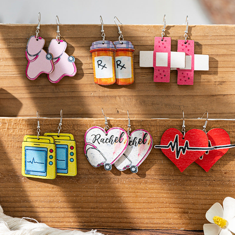 Wholesale Nurses Day Fun Needle-Shaped Stethoscope Printed Wooden Creative Earrings
