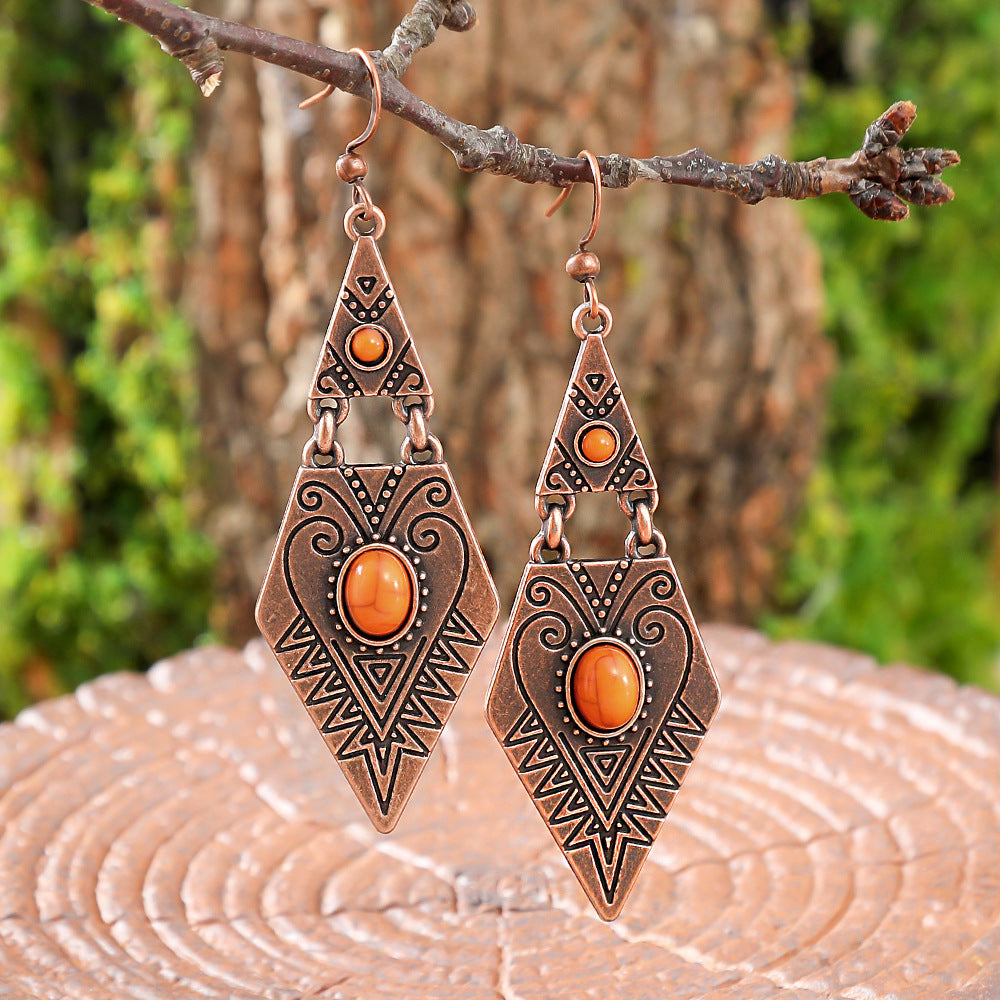 Wholesale Bohemian Turquoise Geometric Metal Texture Earrings Fashion Accessory for Party Boutique Resale