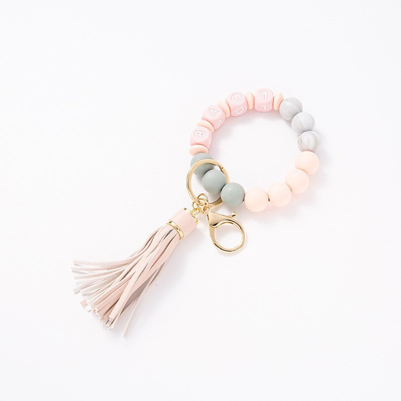 Wholesale Silicone LOVE Pink Tassel Keychains Bracelet
