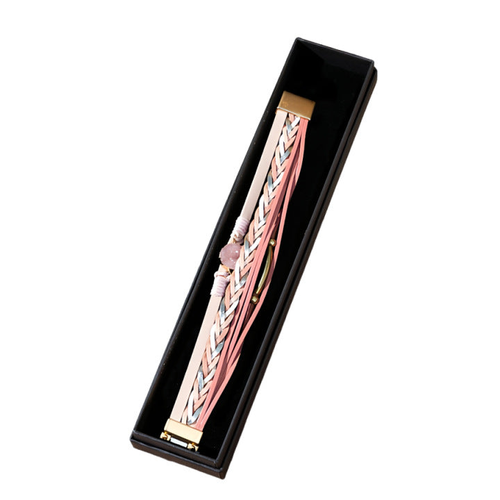 Wholesale stacked woven pu magnetic clasp winding diamond leather bracelet