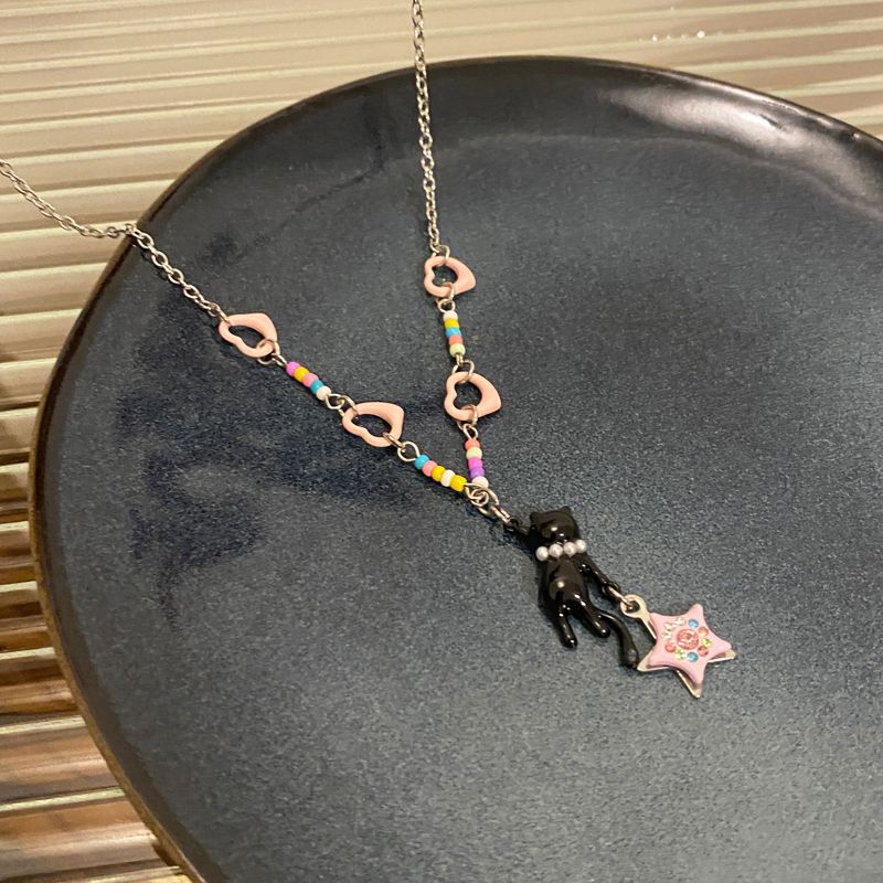 Wholesale Black Cat Pink Star Beaded Necklace