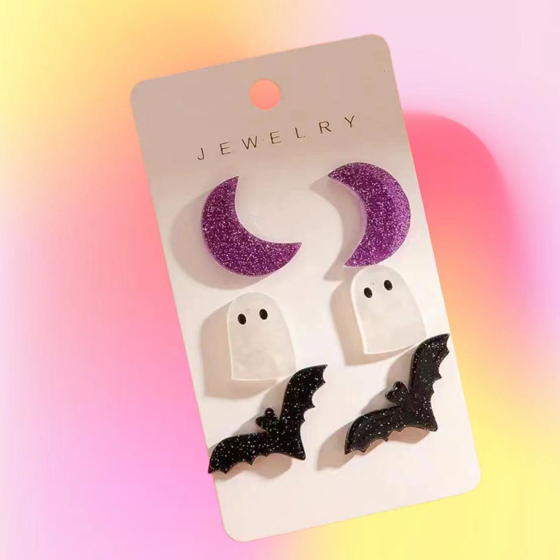 Wholesale Halloween Moon Bat Ghost Acrylic Earrings Three-piece Set ACC-ES-AnDao015