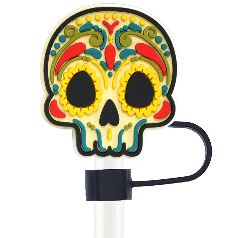 Wholesale Random 100pcs Day of the Dead Skull 10mm PVC Soft Straw Tube Cap ACC-SCR-RYY099