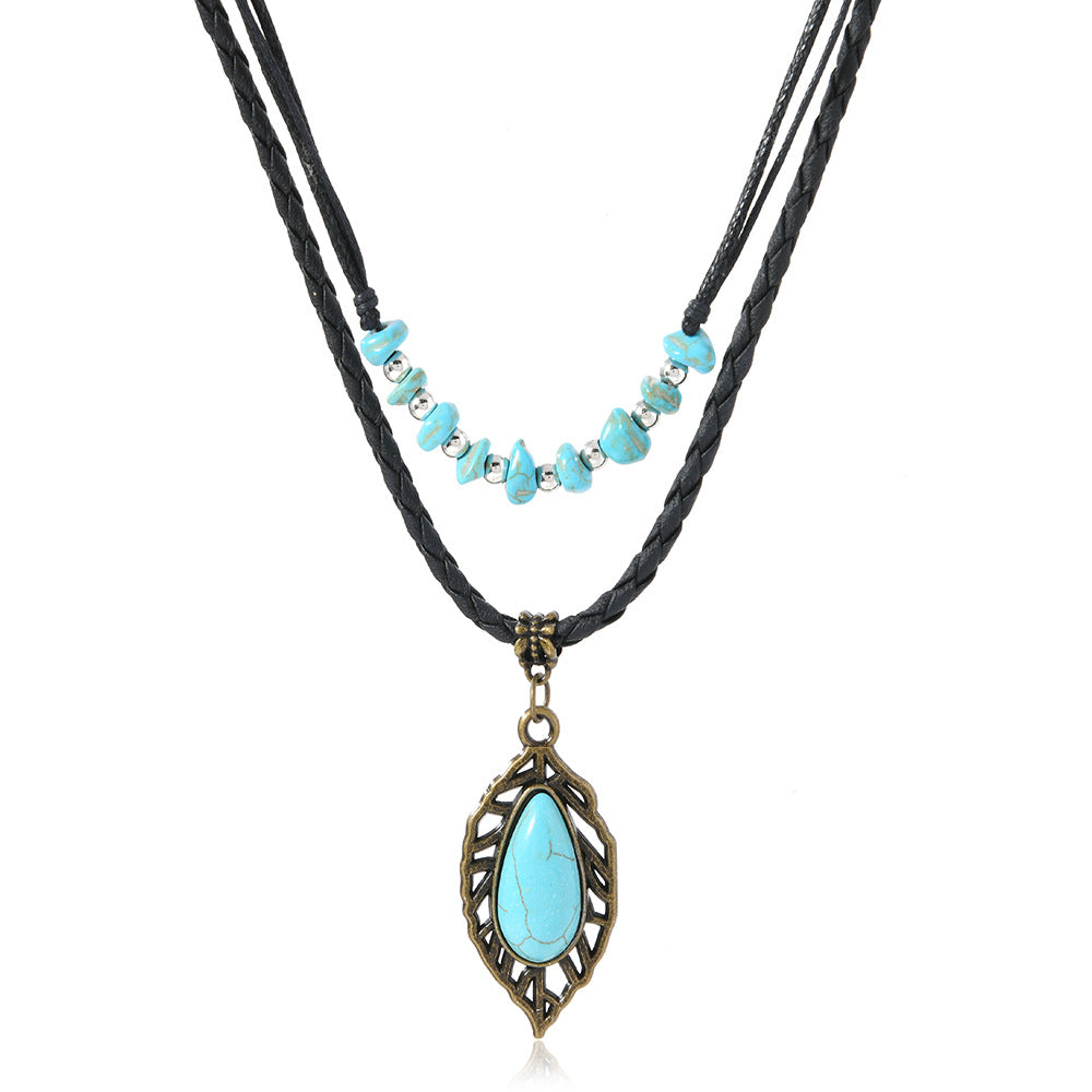 Wholesale Western-style openwork leaf turquoise necklace set 2 pieces