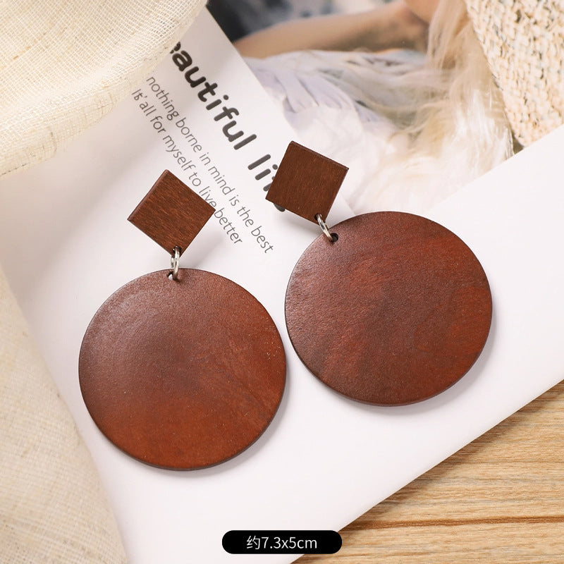 Wholesale Retro Coffee Wooden Earrings Ethnic Style Round Hand Knitted Jewelry Accessory