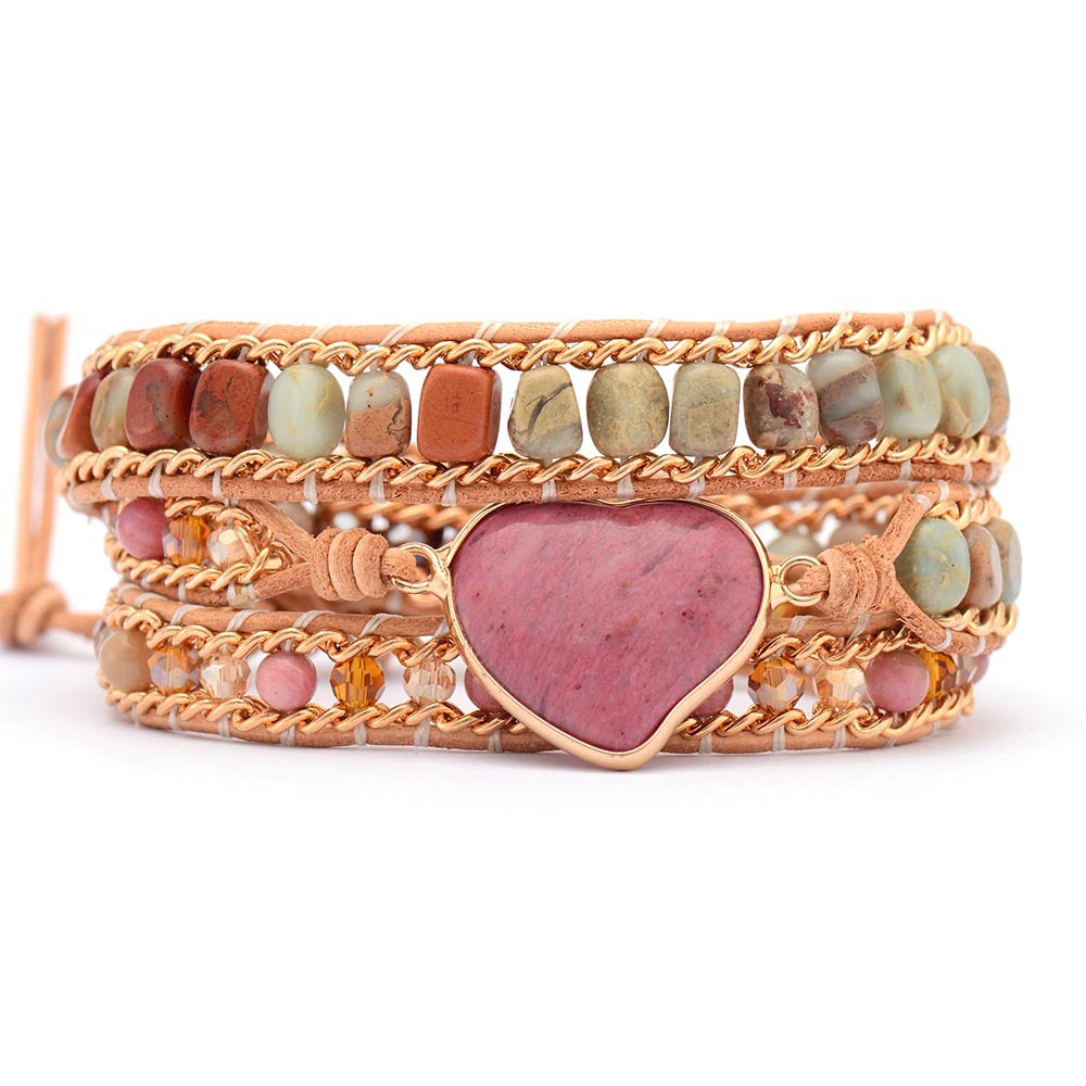 Wholesale Natural Stone Red Grain Heart Shape Hand-woven Three-layer Leather Wrap Bracelets ACC-BT-LZ009
