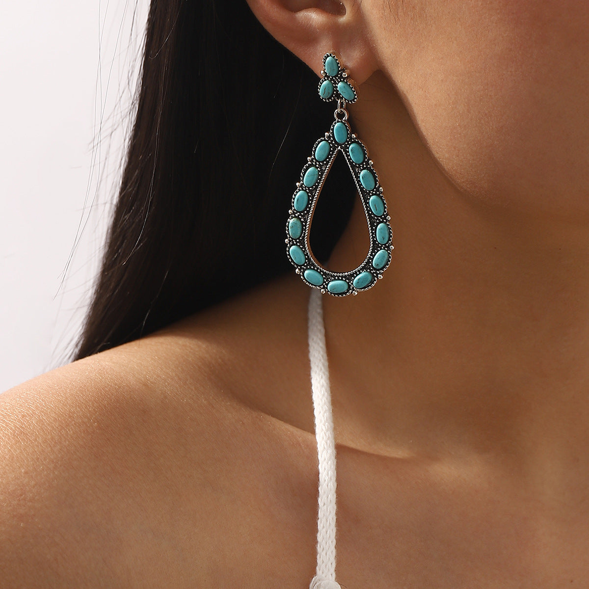 Wholesale Retro Bohemian Geometric Inlay Turquoise Pendant Ethnic Style All-match Earrings