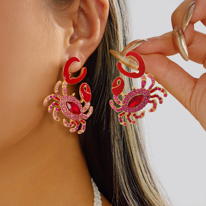 Wholesale Red Full-Pavé Crab Earrings — Light Luxury,  High-End Ocean-Themed Statement Earrings;  Bold,  Unique,  and Versatile Evening Accessories