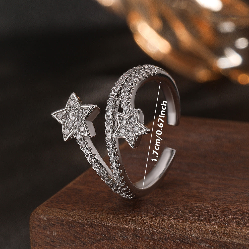 Wholesale Chic Five Point Star Open Ring Silver Adjustable Copper Zircon Jewelry Fashion Accessory For Boutique Resale