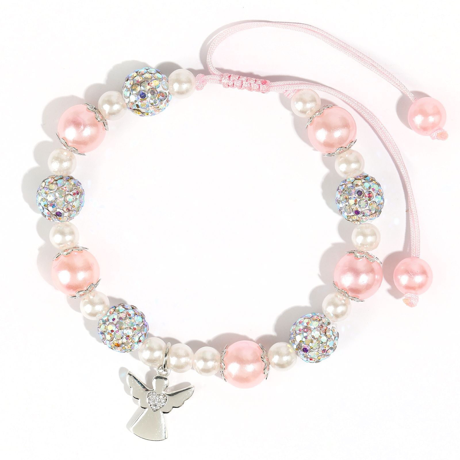 Wholesale Stainless Steel Pendant Pink Beads Diamond Ball Woven Bracelet