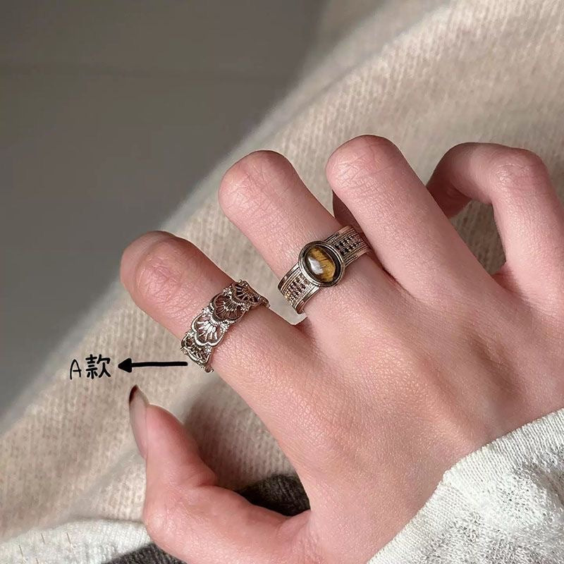 Wholesale Vintage Hollow-Carved Tiger' s Eye Stone Ring,  Alloy Electroplated,  Jewelry Accessory