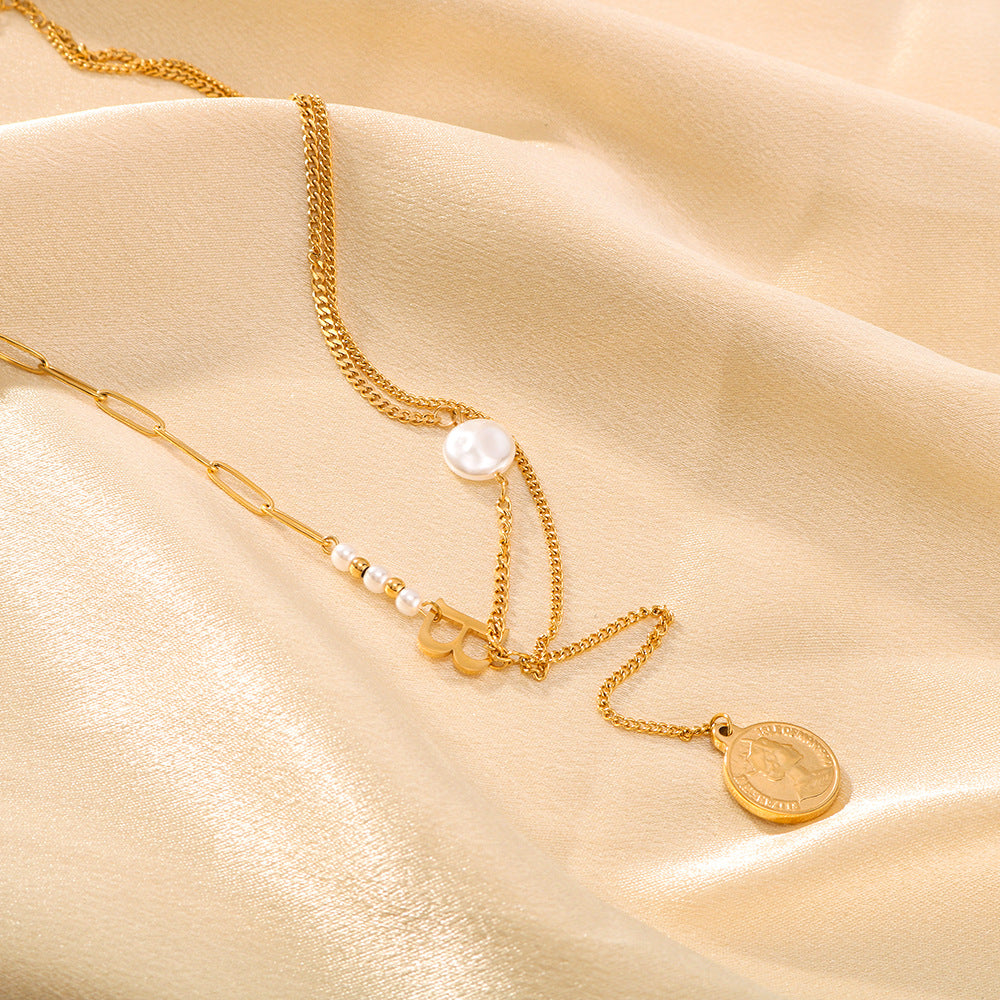 Wholesale  Baroque Goddess Head Pendant Flat Pearl Letter Asymmetric Double Chain Necklace