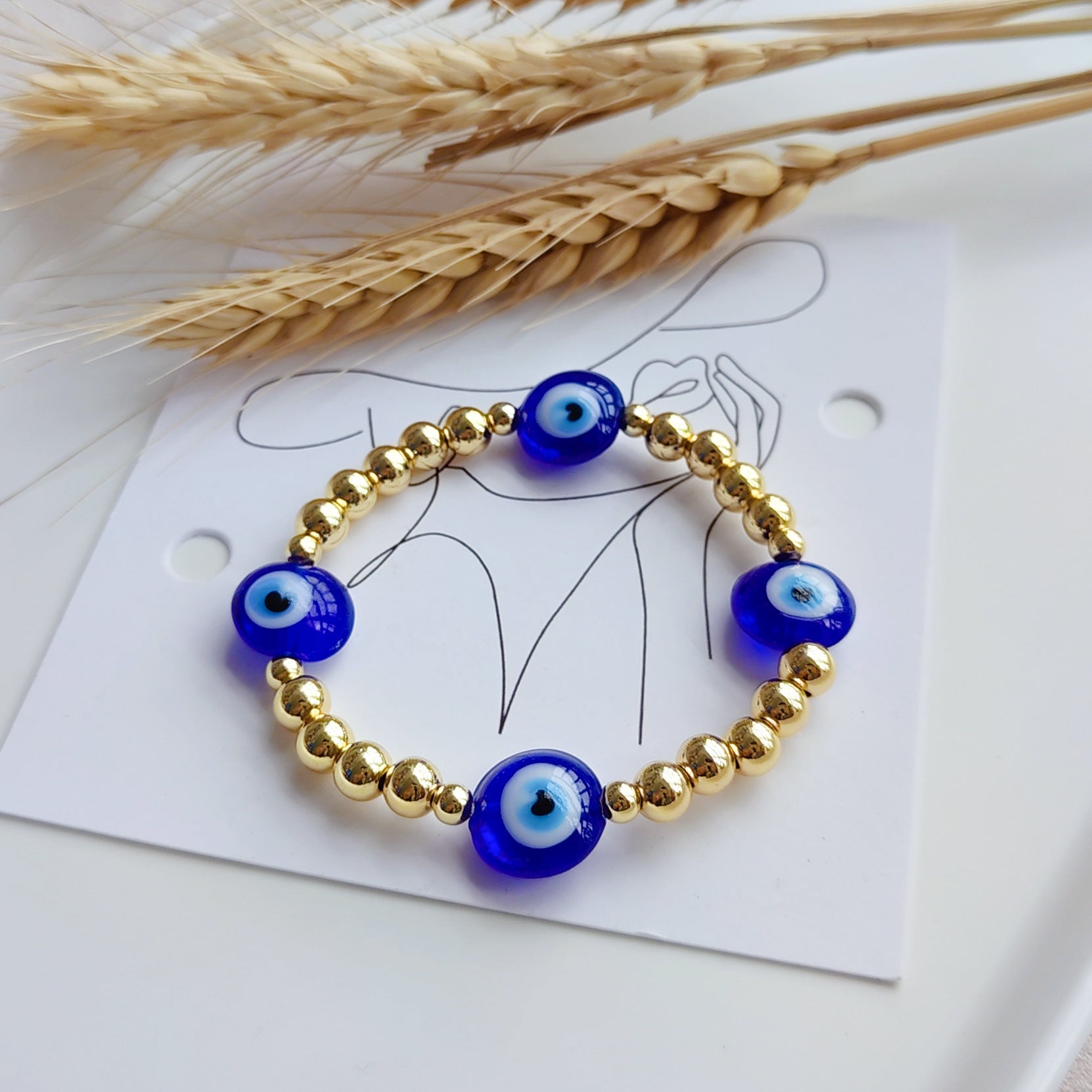 Wholesale Devil's Eye Glass Flat Bead Bracelet 18K Copper Gold Plated Beads Elastic Cord Bracelet ACC-BT-Qiqi010