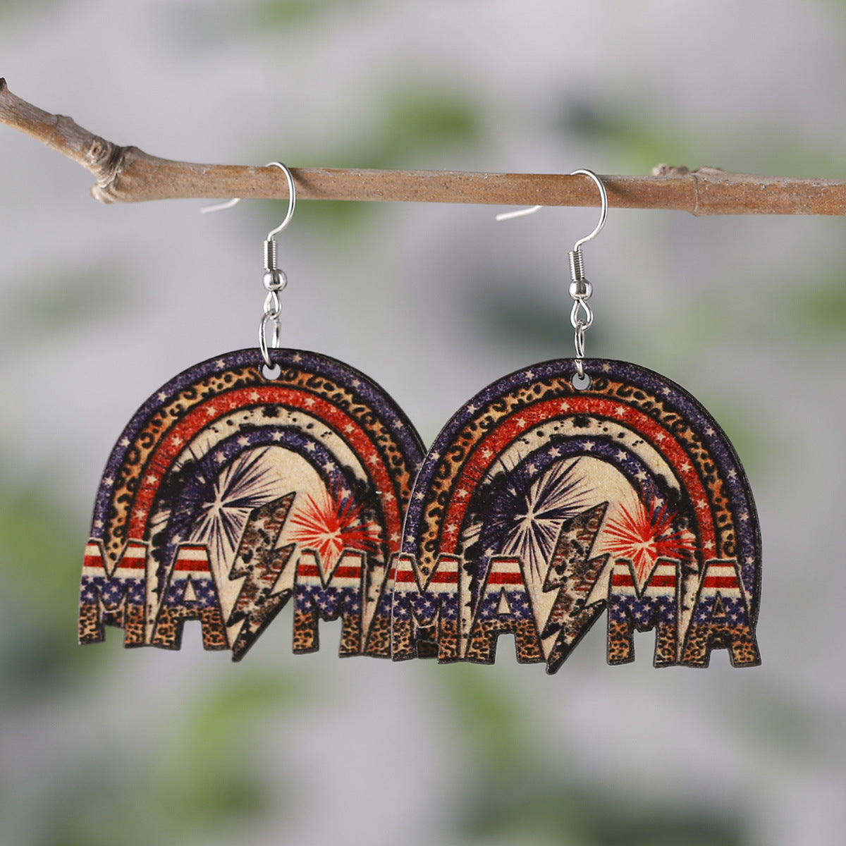 Wholesale of American Independence Day Five Pointed Star Rainbow Bull Head Heart Wooden Double Sided Earrings ACC-ES-ChuLian015