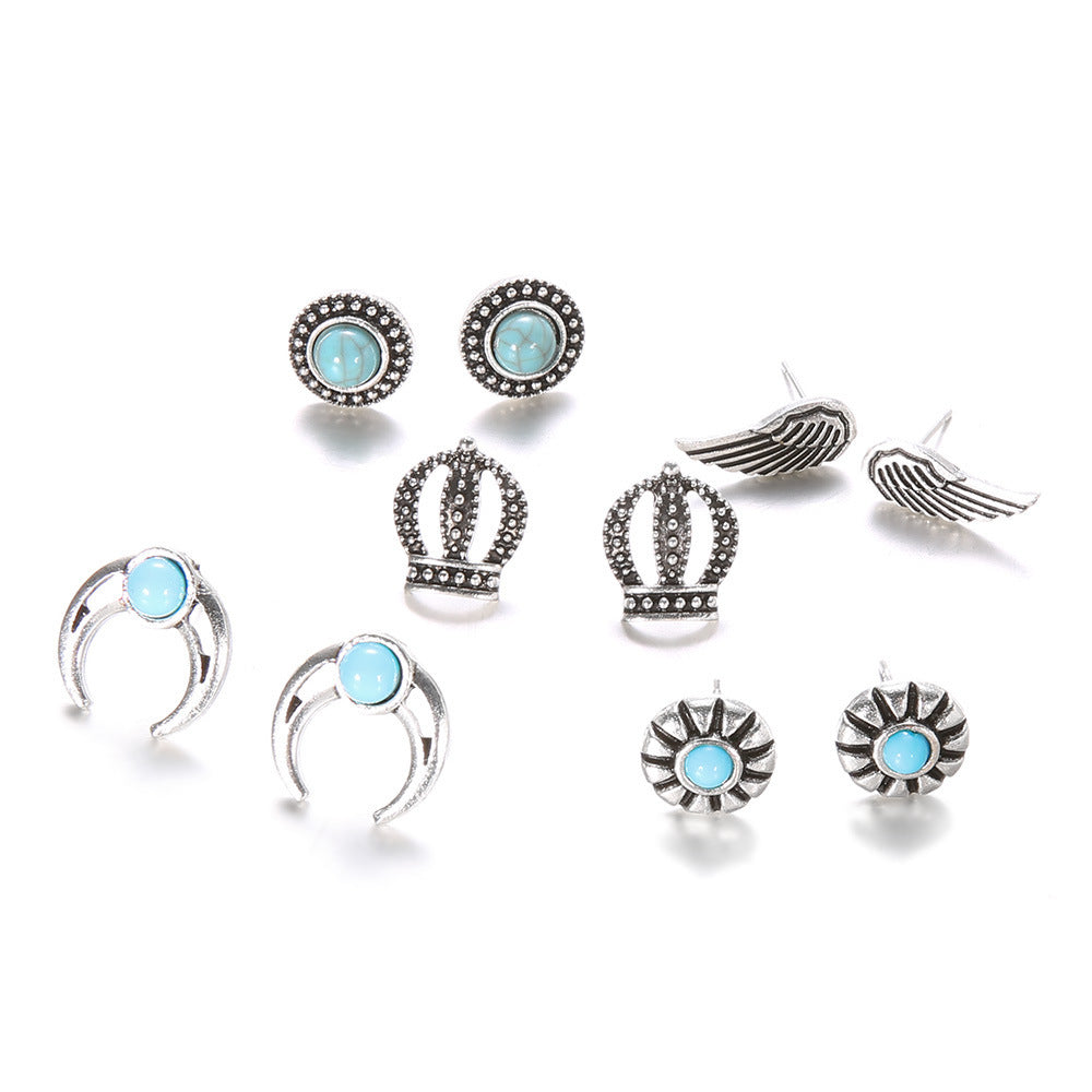 Wholesale  Bohemian style  crown crescent wings set turquoise earrings