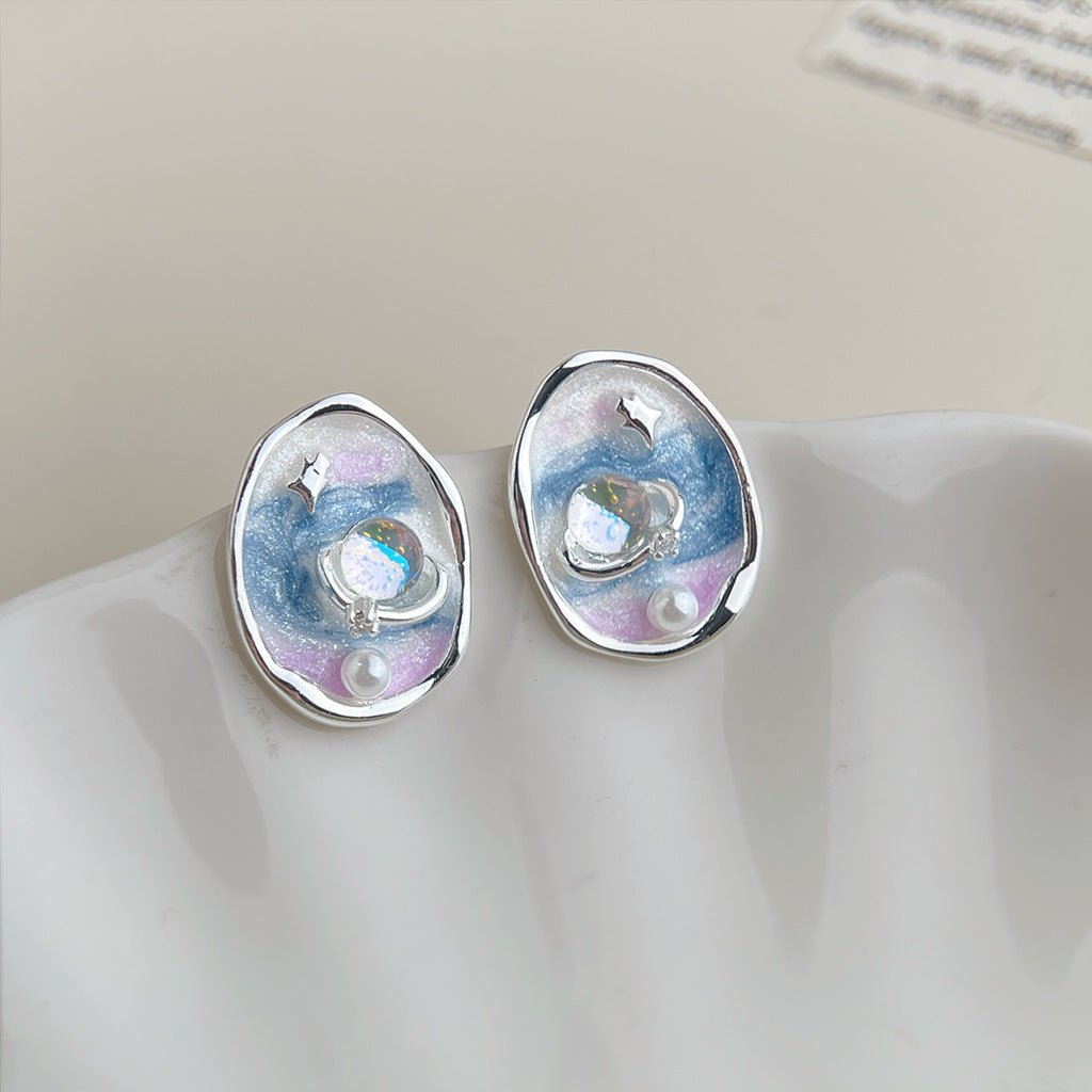Wholesale Copper Blue Enamel Drip-Glazed Flower Earrings,  Fresh Floral Pearl Studs,  Fashion Accessory