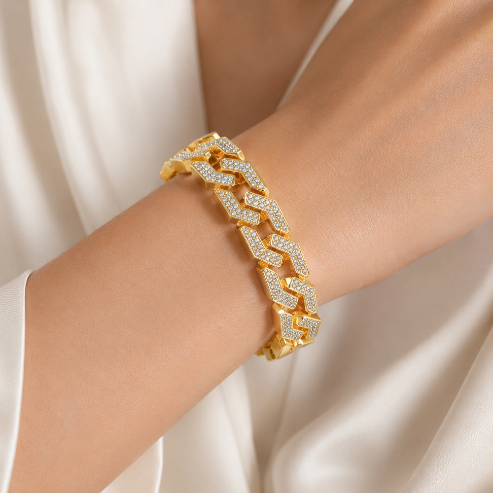 Wholesale Stylish Silver Alloy Cuban Bracelet With Rhinestones Unisex Hip Hop Jewelry Accessory Boutique Resale Gift