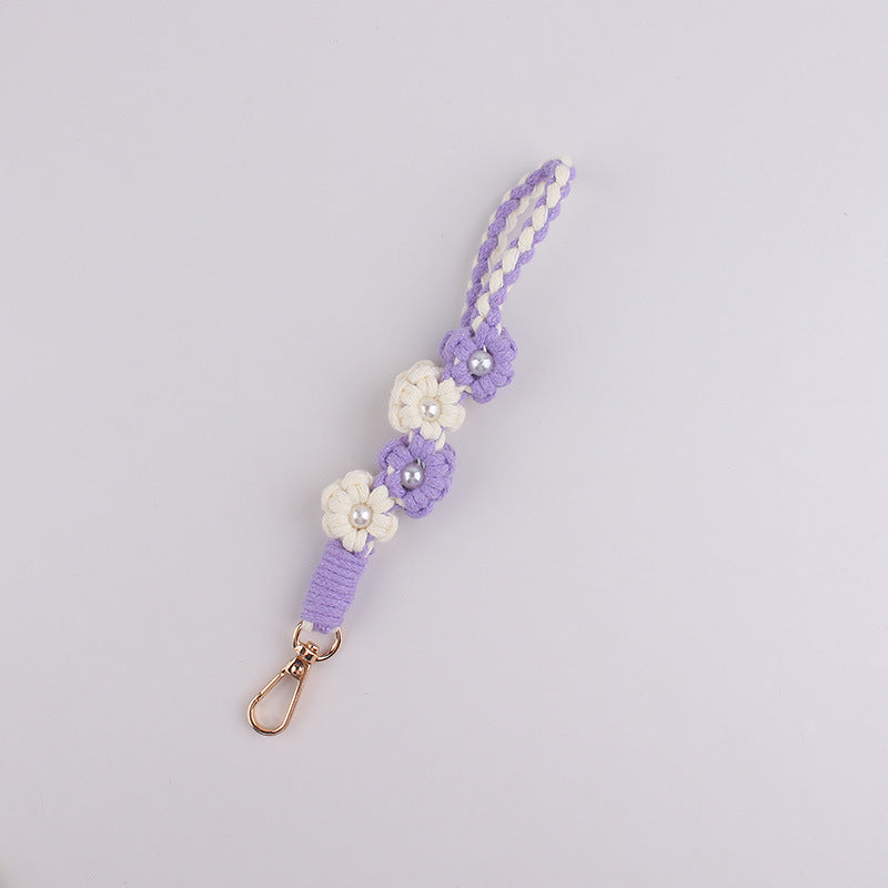 Wholesale Handwoven Pearl Flower Keychain Cute Candy Color Phone Lanyard With Cotton Rope Chic Bag Charm Everyday Use